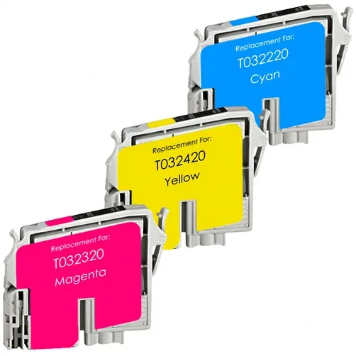 3 Pack - Remanufactured Epson T032220 Cyan, T032320 Magenta, T032420 Yellow Ink Cartridges - Compatible replacement color ink cartridge for Epson printers