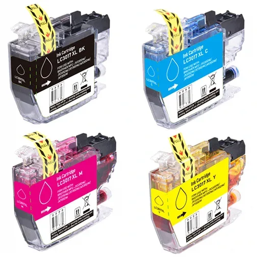 Compatible Brother LC3017 Ink Cartridge Set - High-Yield - 1 Black, 1 Each Color 4-Pack - Compatible replacement black 550 pgs, color 550 pgs ea. ink cartridges for Brother printers