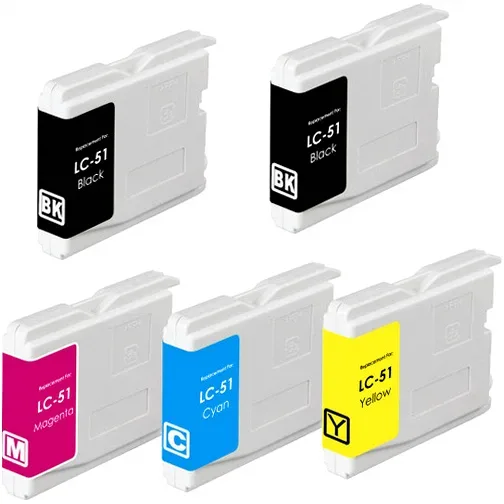Compatible Brother LC51 Ink Cartridges - 2 Black, 1 Cyan, 1 Magenta, 1 Yellow (5-Pack) - Compatible replacement black 500 pgs , color 400 pgs ink cartridge for Brother printers