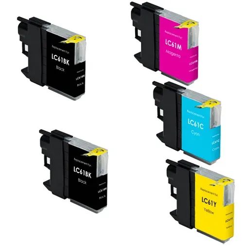 Compatible Brother LC61 Ink Cartridges - 2 Black, 1 Cyan, 1 Magenta, 1 Yellow (5-Pack) - Compatible replacement black 450 pgs , color 325 pgs ink cartridge for Brother printers