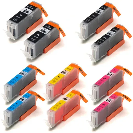 Compatible Canon 250XL and 251XL Ink Cartridges - 2 PGI-250XL Black, 2 CLI-251XL Black, 2 Cyan, 2 Magenta, 2 Yellow (10-Pack) - Compatible replacement black 500 pgs , color 660 pgs ink cartridge for Canon printers