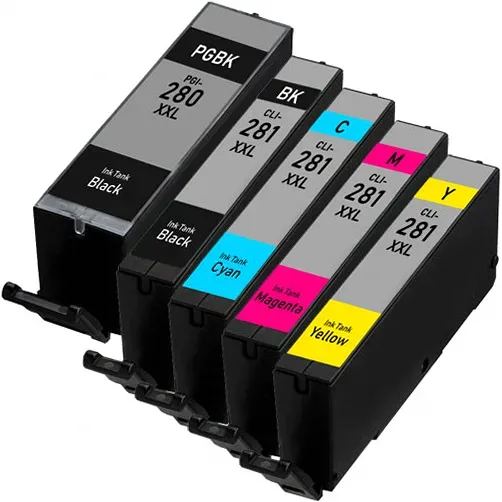 Compatible Canon 280 and 281 Ink - Super High Yield - 1 PGI Black, 1 CLI Black, 1 Cyan, 1 Magenta, 1 Yellow (5-Pack) - Compatible replacement black 600 pgs ea. ,color 830 pgs ea. ink cartridge for Canon printers