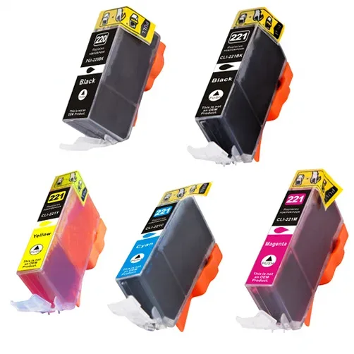 Compatible Canon PGI-220 and CLI-221 Ink Cartridges - 1 PGI-220 Black, 1 CLI-221 Black, 1 Cyan, 1 Magenta, 1 Yellow (5-Pack) - Compatible replacement black 350 & 500 pgs , color 500 pgs ink cartridge for Canon printers