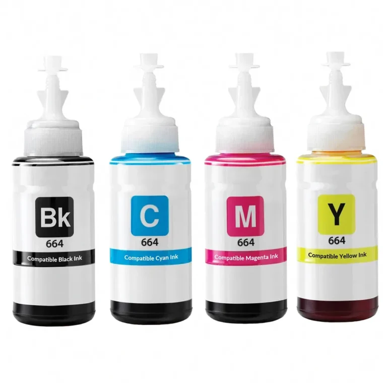 Compatible Epson 664 Ink Bottles, 1 Black, 1 Cyan, 1 Magenta, 1 Yellow - 4 Pack - Compatible replacement black 4,000 pgs , color 6,500 pgs ink bottle for Epson printers