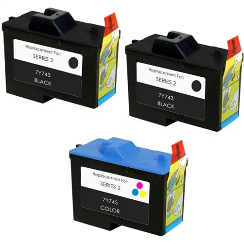 Dell Series 2 Remanufactured Ink Cartridge Set, 2 (7Y743) Black and 1 (7Y745) Color - 3 Pack - Compatible replacement black 600 pgs , color 450 pgs ink cartridge for Dell printers