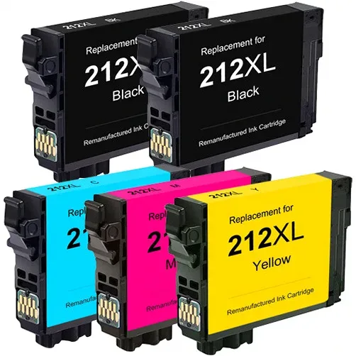 Epson 212XL Ink Cartridges - 2 Black, 1 Cyan, 1 Magenta, 1 Yellow - High-Yield - Remanufactured (5-Pack) - Compatible replacement black 500 pgs , color 350 pgs ink cartridge for Epson printers