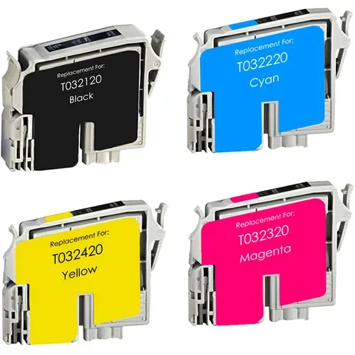 Epson T032120 Remanufactured Ink Cartridge Set, 1 Black, 1 Cyan, 1 Magenta, 1 Yellow - 4 Pack - Compatible replacement black 1,500 pgs , color 440 pgs ink cartridge for Epson printers