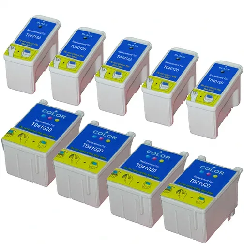 Epson T040 and T041 Remanufactured Ink Cartridge Set, 5 Black and 4 Color Ink Cartridges - 9 Pack - Compatible replacement black 600 pgs , color 300 pgs ink cartridge for Epson printers