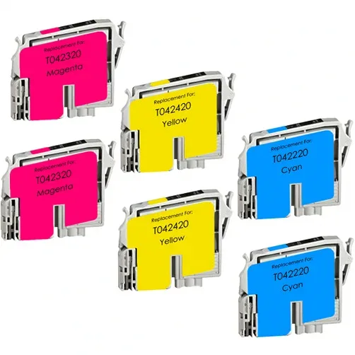 Epson T0422-T0423-T0424 Remanufactured Ink Cartridge Set, 2 Cyan, 2 Magenta and 2 Yellow - 6 Pack - Compatible replacement color ink cartridge for Epson printers