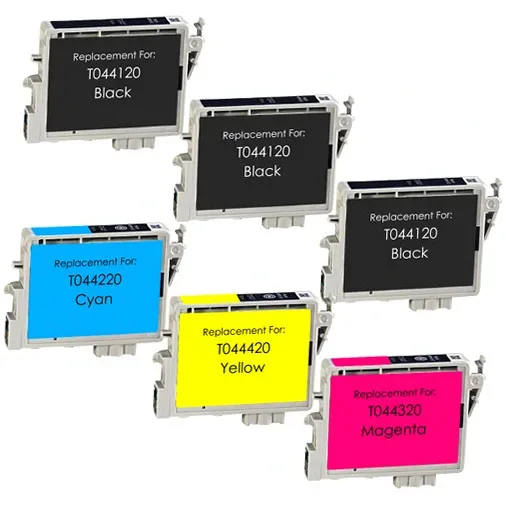 Epson T0441, T0442, T0443, T0444 Remanufactured Ink Cartridge Set, 3 Black, 1 Cyan, 1 Magenta, 1 Yellow 6 Pack - Compatible replacement color ink cartridge for Epson printers
