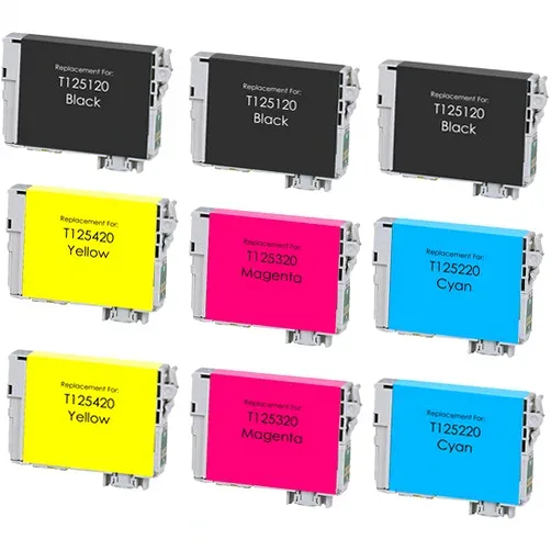 Epson T125 Ink Cartridges - 3 Black, 2 Cyan, 2 Magenta, 2 Yellow - Remanufactured (9-Pack) - Compatible replacement black 265 pgs , color 385 pgs ink cartridge for Epson printers