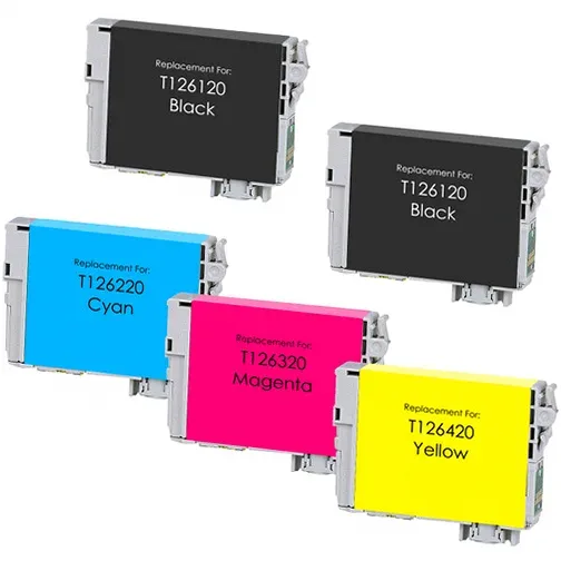 Epson T126 High-Yield Ink Cartridges - 2 Black, 1 Cyan, 1 Magenta, 1 Yellow - Remanufactured (5-Pack) - Compatible replacement black 740 pgs , color 480 pgs ink cartridge for Epson printers