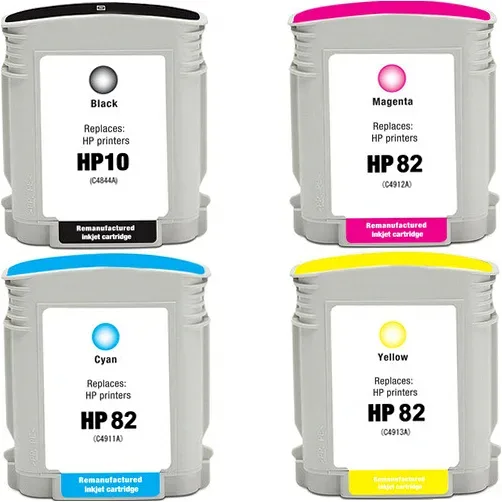 HP 10 and HP 82 Ink Cartridges 1 Black, 1 Cyan, 1 Magenta, 1 Yellow Remanufactured Ink Cartridge - 4 Pack - Compatible replacement black 3,700 pgs , color 3,200 pgs ink cartridge for HP printers