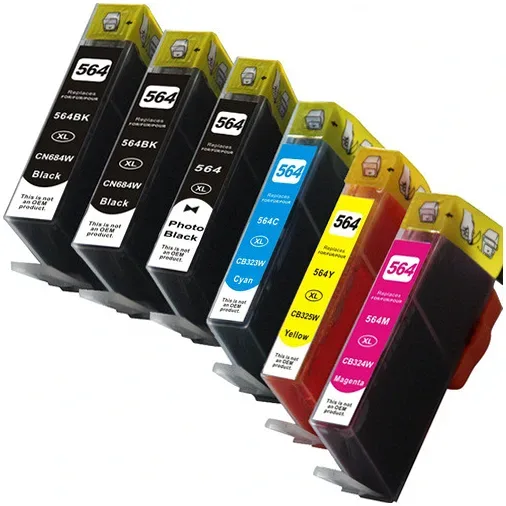HP 564XL Ink Cartridge Set - High Yield Remanufactured - 2 Black, 1 Photo Black, 1 Cyan, 1 Magenta, 1 Yellow - 6 Pack - Compatible replacement black 800 pgs , color 750 pgs ink cartridge for HP printers