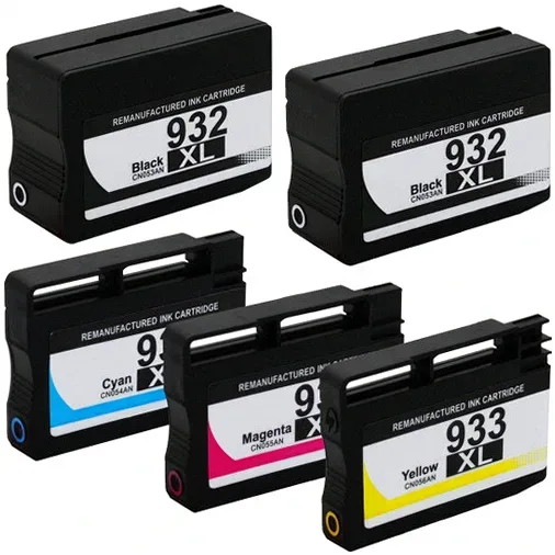 HP 932XL and 933XL Ink Cartridges - High-Yield Remanufactured - 2 Black, 1 Ea Color (5-Pack) - Compatible replacement black 1,000 pgs , color 825 pgs ink cartridge for HP printers