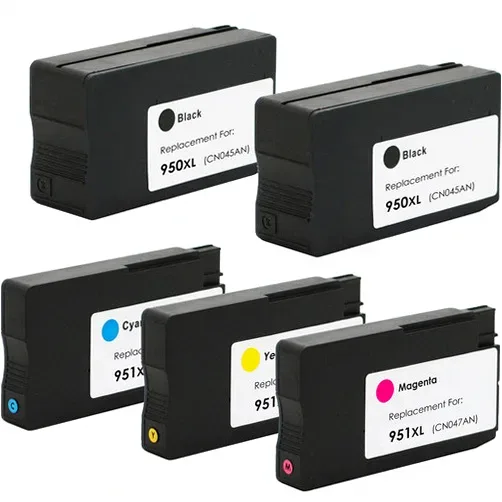 HP 950XL and 951XL Ink Cartridges - High-Yield Remanufactured - 2 Black, 1 Cyan, 1 Magenta, 1 Yellow - 5 Pack - Compatible replacement black 2,300 pgs , color 1,500 pgs ink cartridge for HP printers